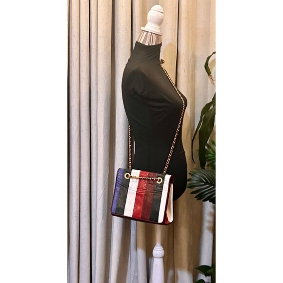 RARE!! Tory Burch Multi-Color Striped Fleming Python Chain Strap Shoulder Bag - Picture 10 of 11